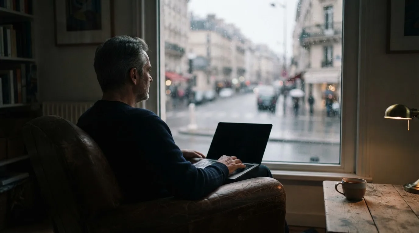 En mand sidder i en lænestol med lukket laptop på skødet og kigger ud ad vinduet mod en regnfuld gade.
